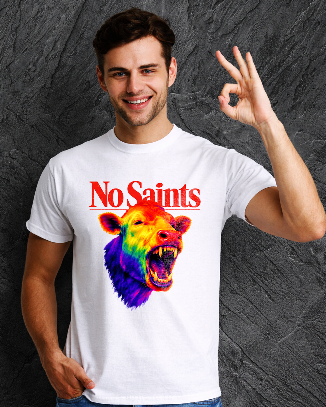 No Saints Branded Cow TEE | Unisex Classic Crew T-Shirt | White