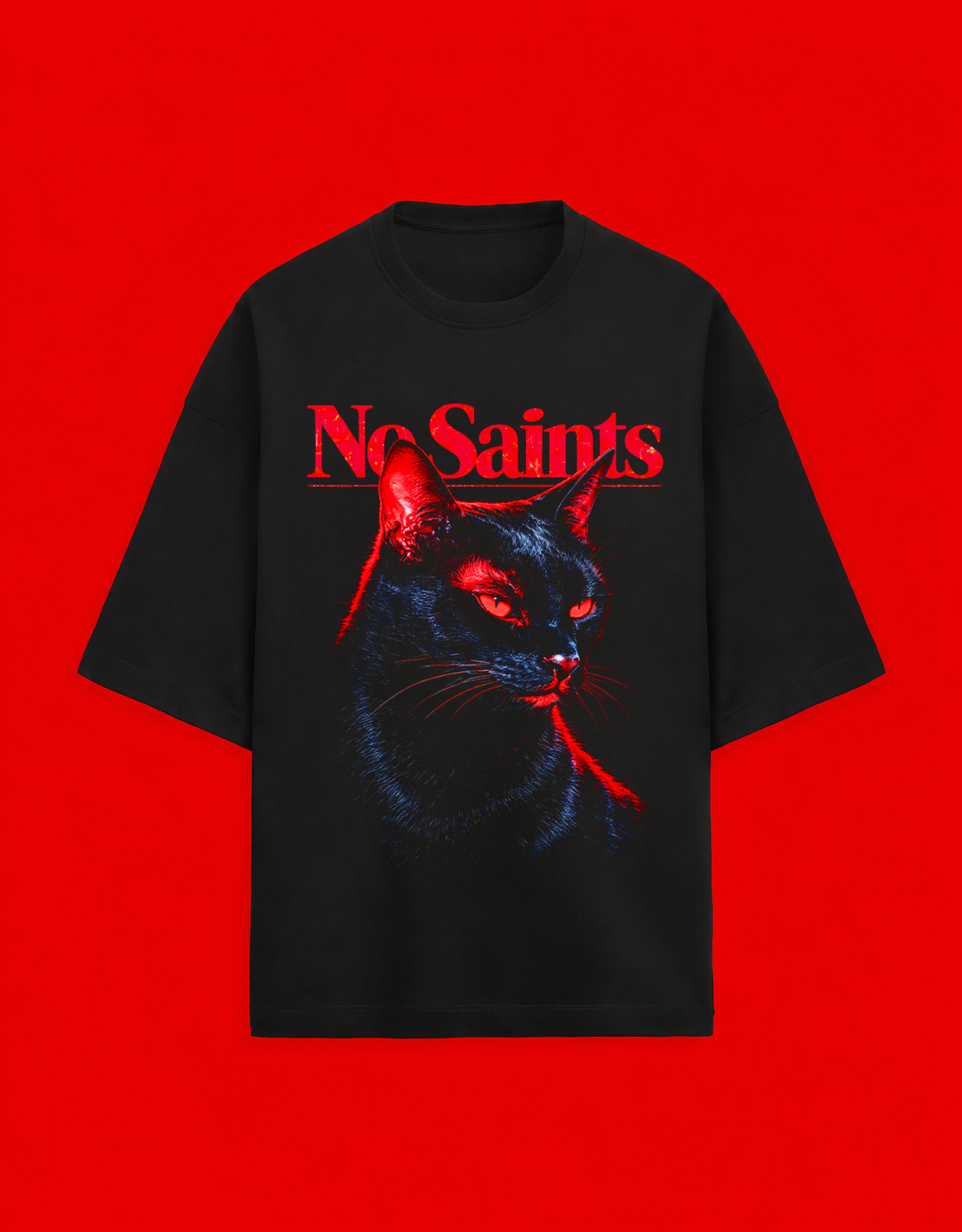 No Saints Branded Cat TEE | Unisex Terry Oversized Tee - Black