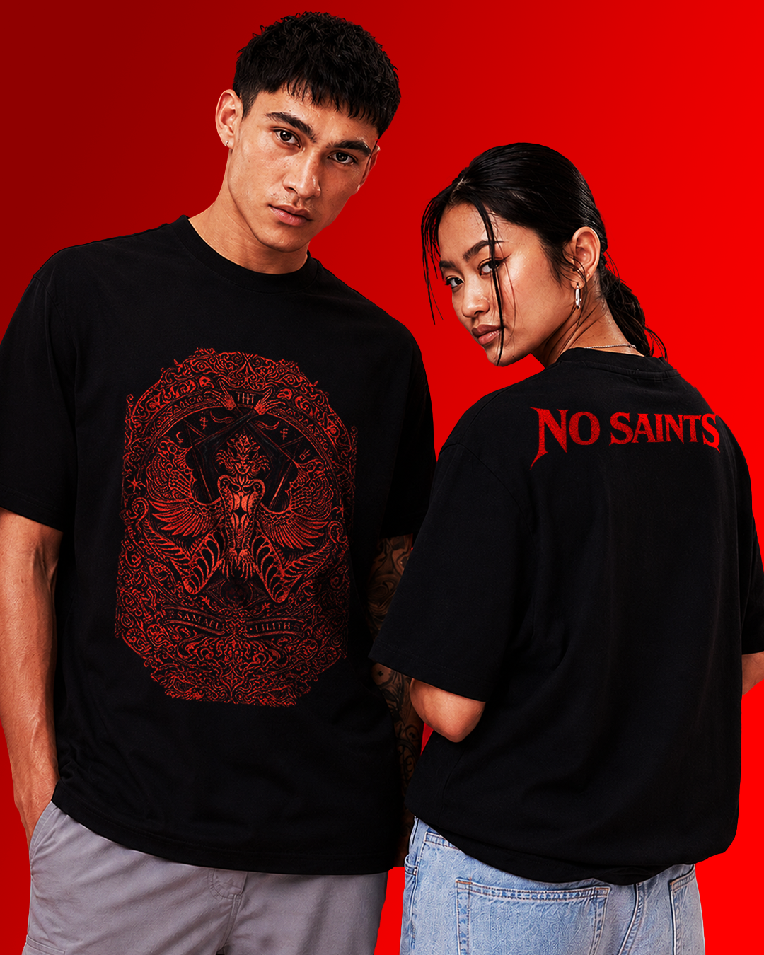 No Saints Samael-Lilith | Unisex Terry Oversized Tee - Black