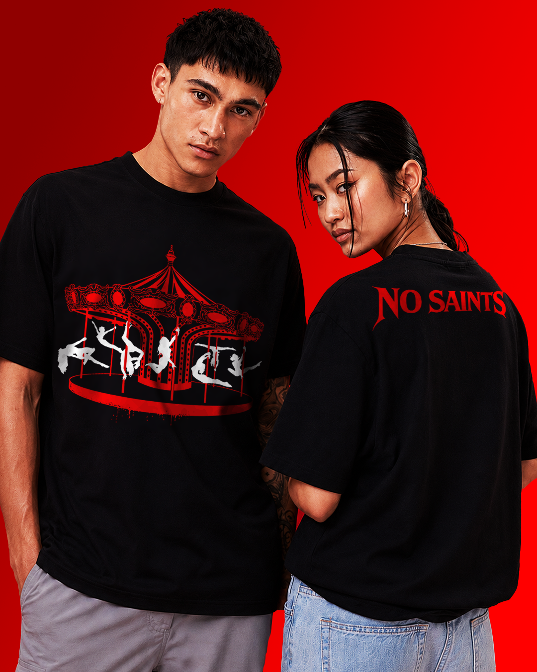 No Saints Temptation Spin | Unisex Terry Oversized Tee - Black