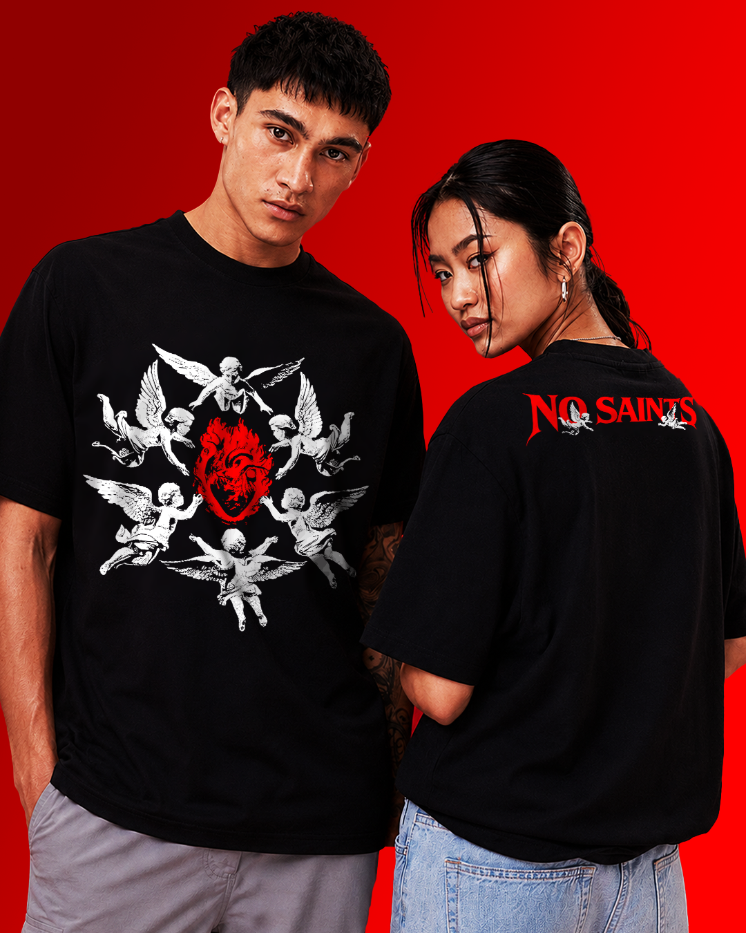 No Saints Guardian Cherubs | Unisex Terry Oversized Tee - Black