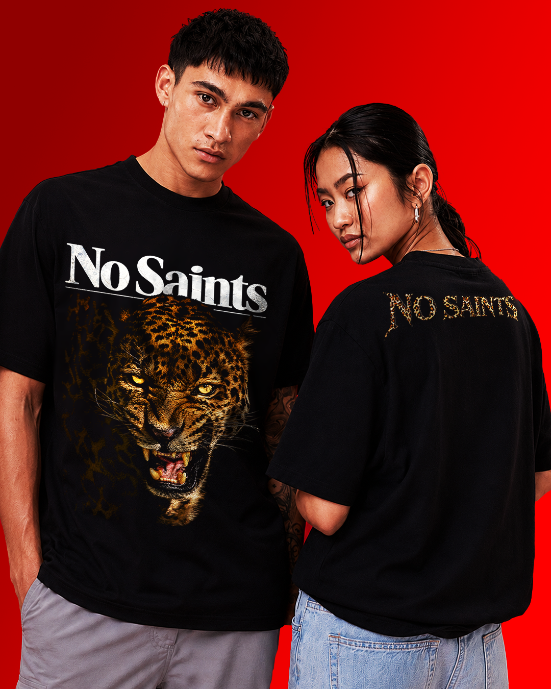 No Saints Leapord | Unisex Terry Oversized Tee - Black